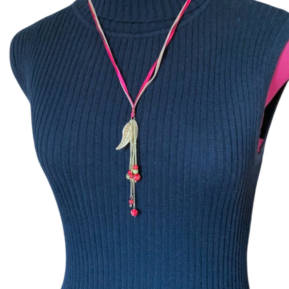 CREATION - OPERA long Gold and Red Leaf Pendant Necklace